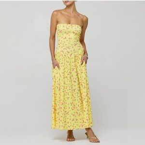 Yellow floral print strapless drop waist maxi dress